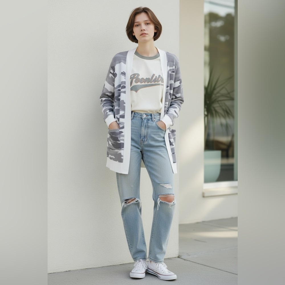 Sweet Romeo Grey White Camo Print Long Cardigan Women's Sized Medium Casual - Picture 6 of 6